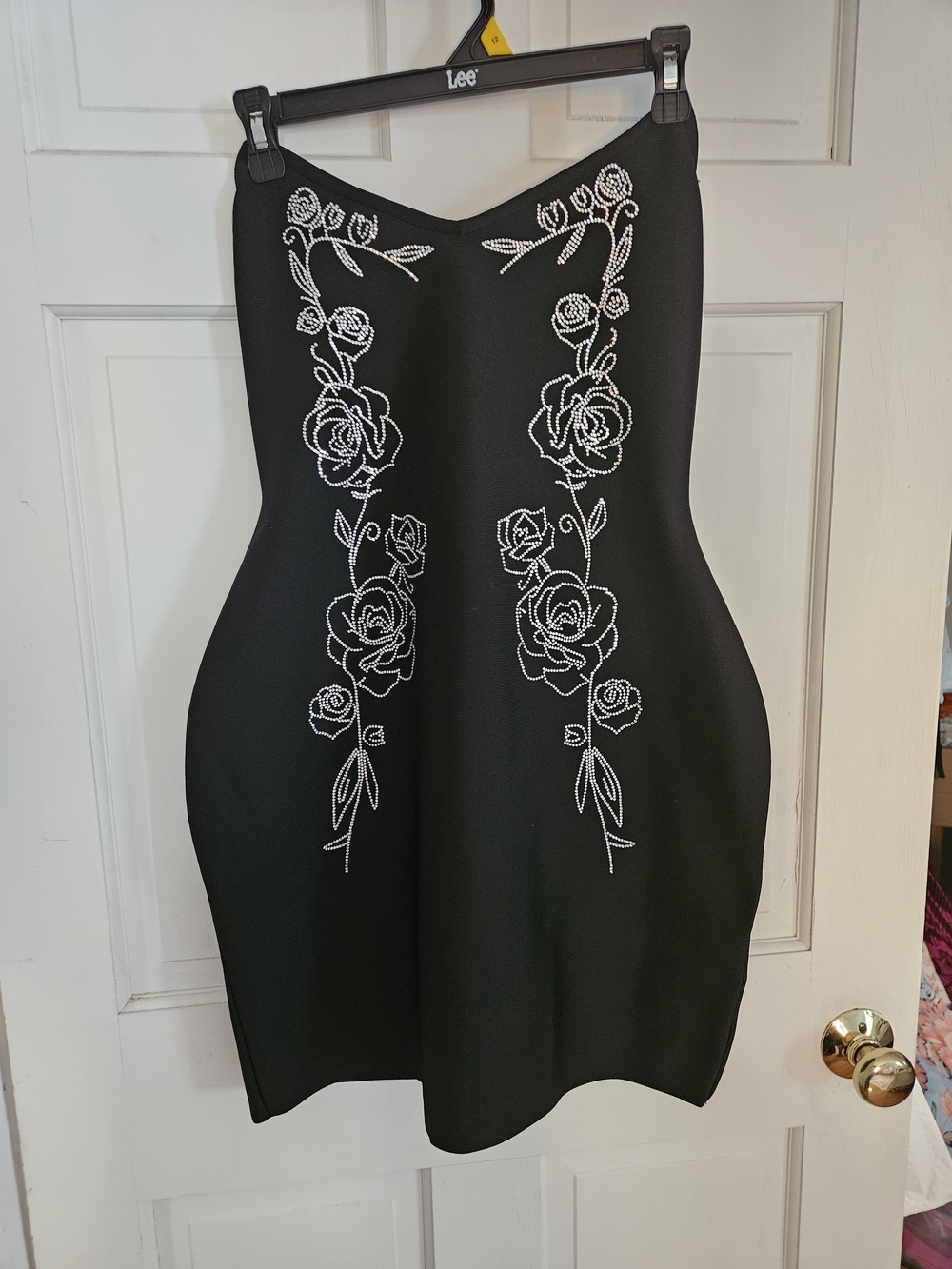 Fashion Nova Black Strapless Dress with White Rose Embroidery And rhinestones